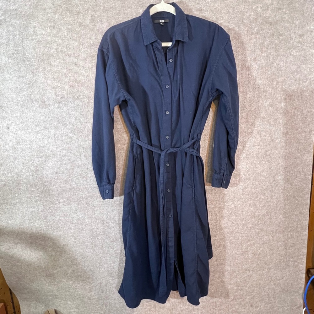 Uniqlo Shirt Dress Women M Navy Blue Belted Long Sleeve Minimalist